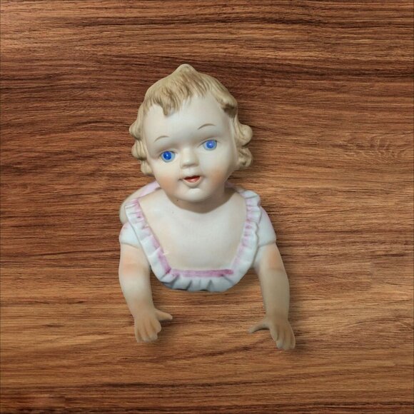 Bisque Porcelain Piano Baby Figurine Crawling Girl in  Pink Dress  Vintage 9" - Picture 7 of 9